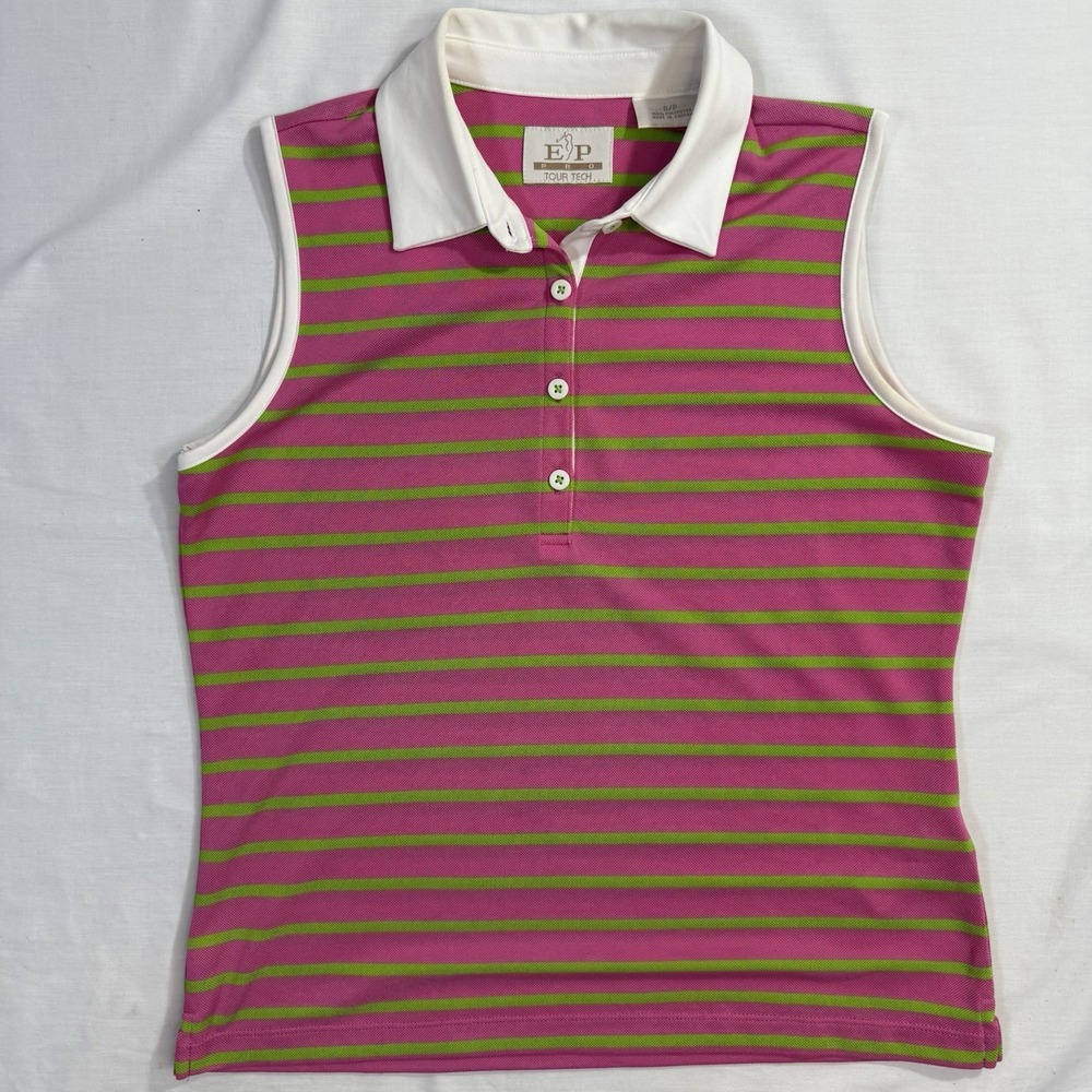 EP Pro Tour Tech Women's Polo Shirt Pink Green Striped Sleeveless Sz Small Golf